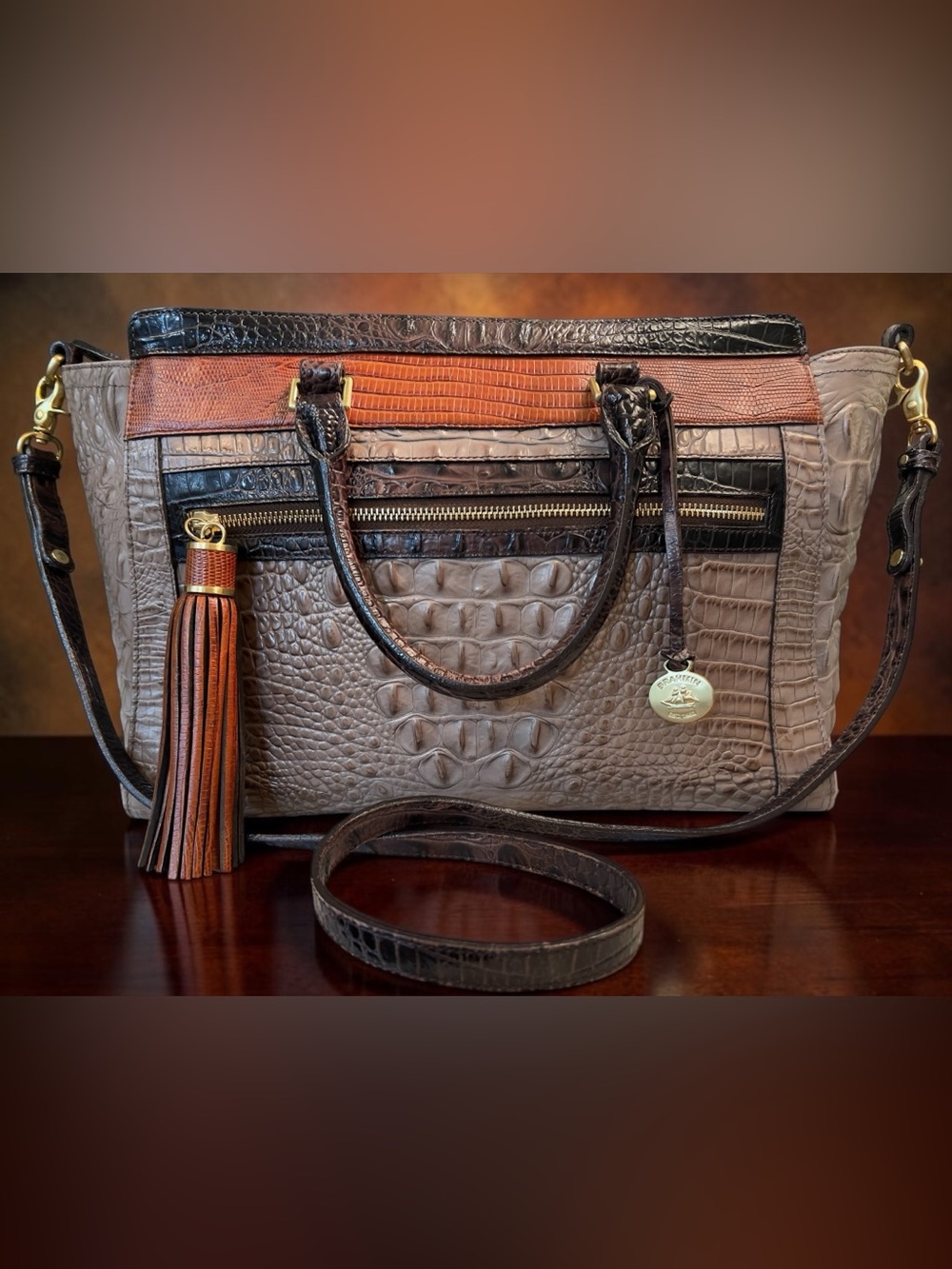 Nice! Brahmin ANNA Satchel in Croc Tri-Texture Leather Browns and Burnt Orange